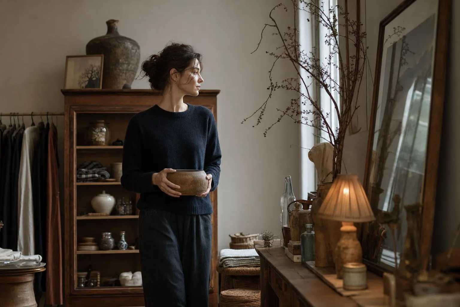 A sunlit vintage shop filled with old furniture and records